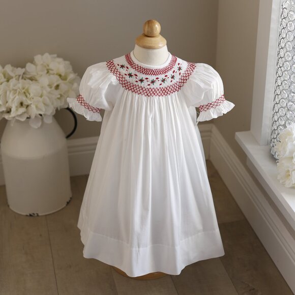 Strasburg Smocked White Bishop with Red & Green Embroidery RARE FIND 9/12 Months - Picture 3 of 6